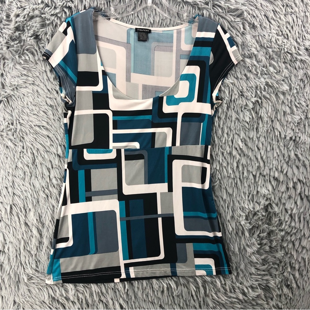 Maurices Blouse Womens Small Geometric Square Blue Black Soft Silky Feel